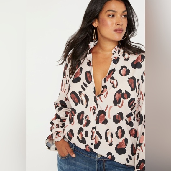 ELOQUII NWT Tan Animal Printed Button Down Shirt with Ruffle Neck Plus Size 16 - Picture 2 of 13